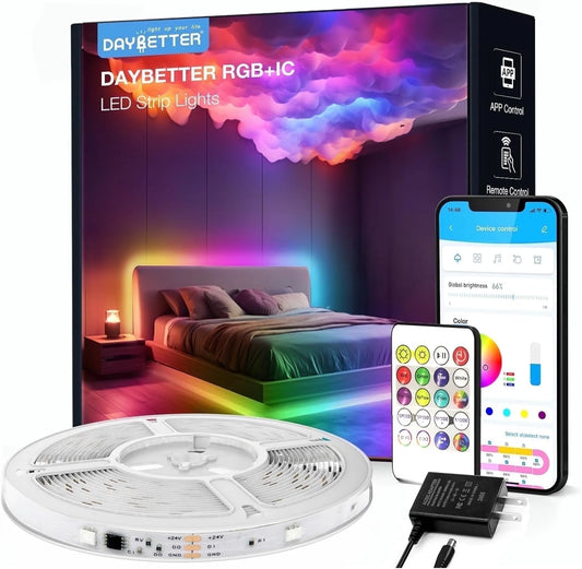 32.8Ft LED Lights Strip for Bedroom Decor,Smart RGB IC Lighting,Segmented Color Changing Remote