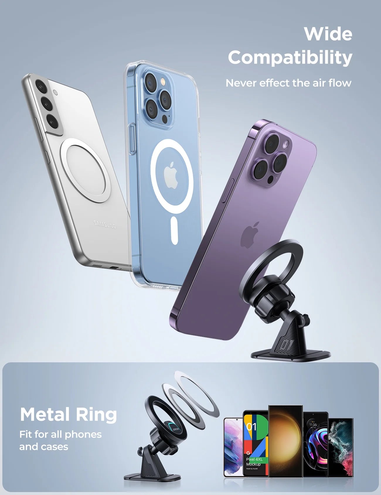 2 in 1 Magnetic Phone Holder for Car, Air Vent & Dashboard Car Phone Holder for Iphone, Compatible for Magsafe Car Mount, Fit for Iphone 16 15 14 13 12 Pro Max